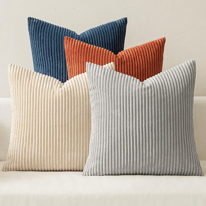 MIULEE Boho Farmhouse Throw Pillow Covers 20x20 Inch Set of 4 Summer Mordern Neutral Cushion Covers Soft Corduroy Nordic Home Decor for Couch Bed Sofa Living Room Blue-Yellow