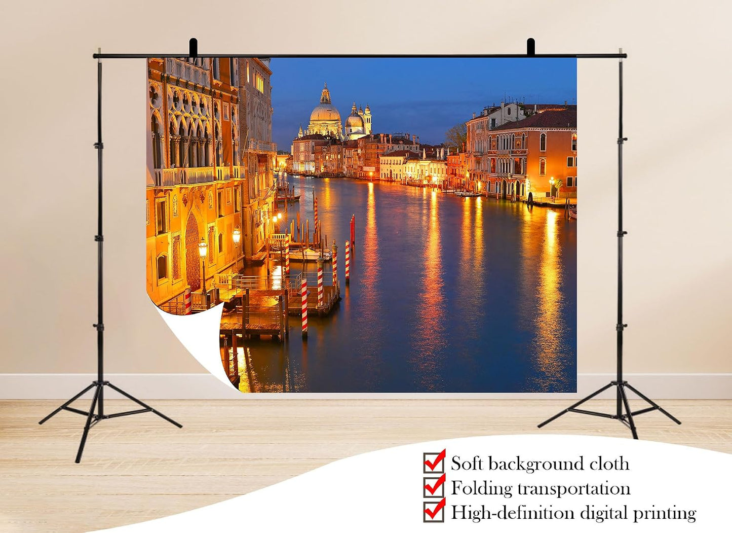 UPXIO 10x7ft Venice Grand Canal Night Backdrop Golden Lights Basilica Illumination Scenery Photo Background Tapestry