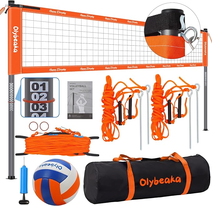Outdoor Portable Volleyball Net Set for Backyard Beach with Adjustable Heavy Duty Poles, Durable Net, PU Volleyball & Pump, Carry Bag