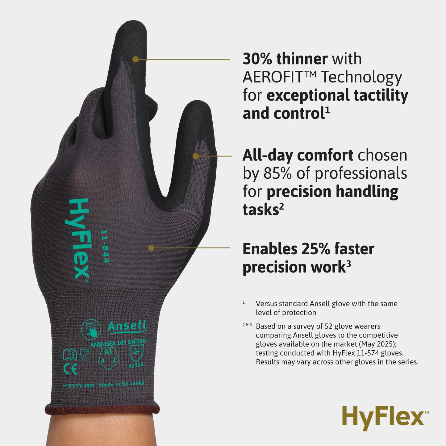 Ansell HyFlex 11-844 Multi-Purpose Touchscreen Work Gloves for Automotive, Machinery, Metal Fabrication, Size 8 (M) Dark Grey (Case of 144)