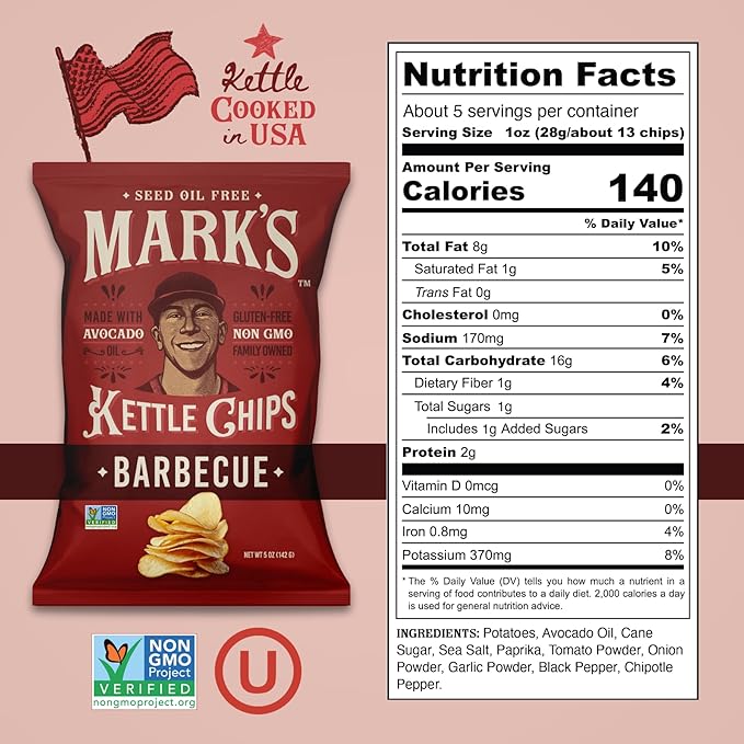 MARK’S Kettle Cooked Avocado Oil Potato Chips, BBQ – Seed Oil & GMO Free | Barbecue, 5 oz (Pack of 3) | Gluten Free, Non-GMO, Chips for Clean & Healthy Snacking
