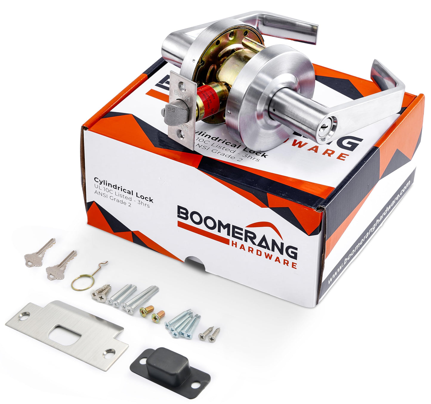 Boomerang Heavy-Duty Entry with Clutch Function Commercial Lever Door Lock, ADA & Grade 2 Industrial Door Handle, Cylindrical Lever, Non-Handed, Satin Chrome (US26D)