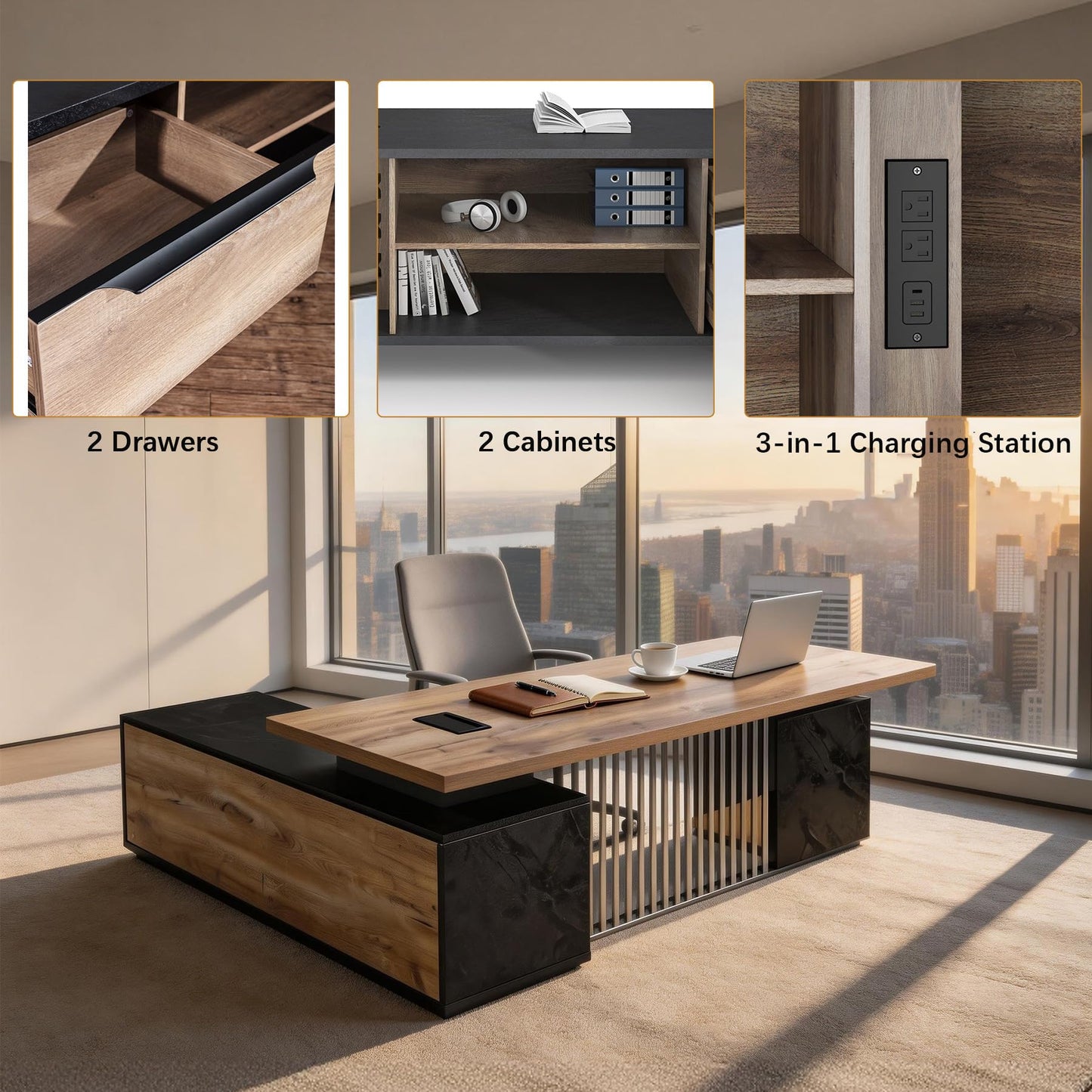 ONNAHOMEStlyle Executive Desk with Privacy Panel, Large Office Desk for Small Business, Computer Desk with Drawers & Storage Cabinets, Thick One-Piece Tabletop (Right Return, 70.86")