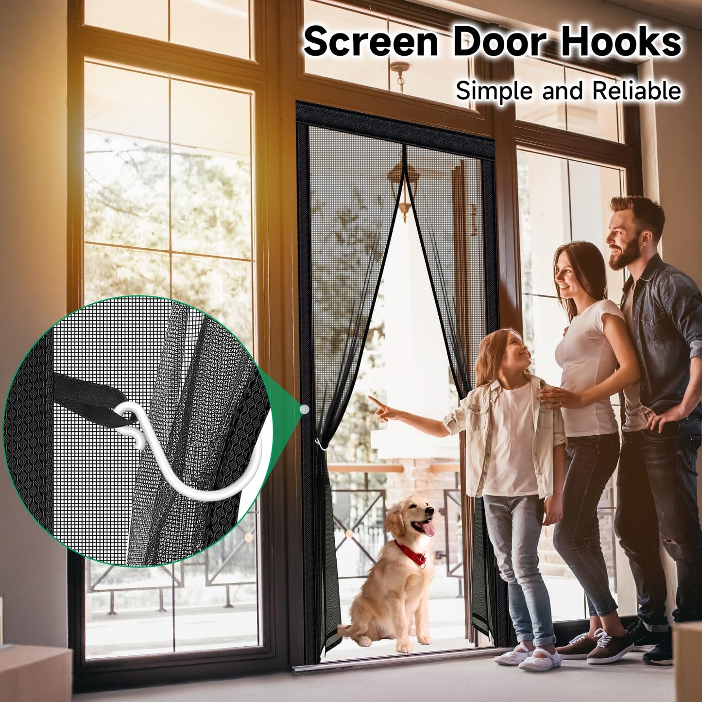 HOFUDON Upgraded Magnetic Screen Door Mesh, Full Strip Magnets, Heavy Duty Fiberglass Mesh, Door Screen Magnetic Closure for Single Door Size 32 x 80 Inch, Screen Door Size 35 x 82 Inch Black