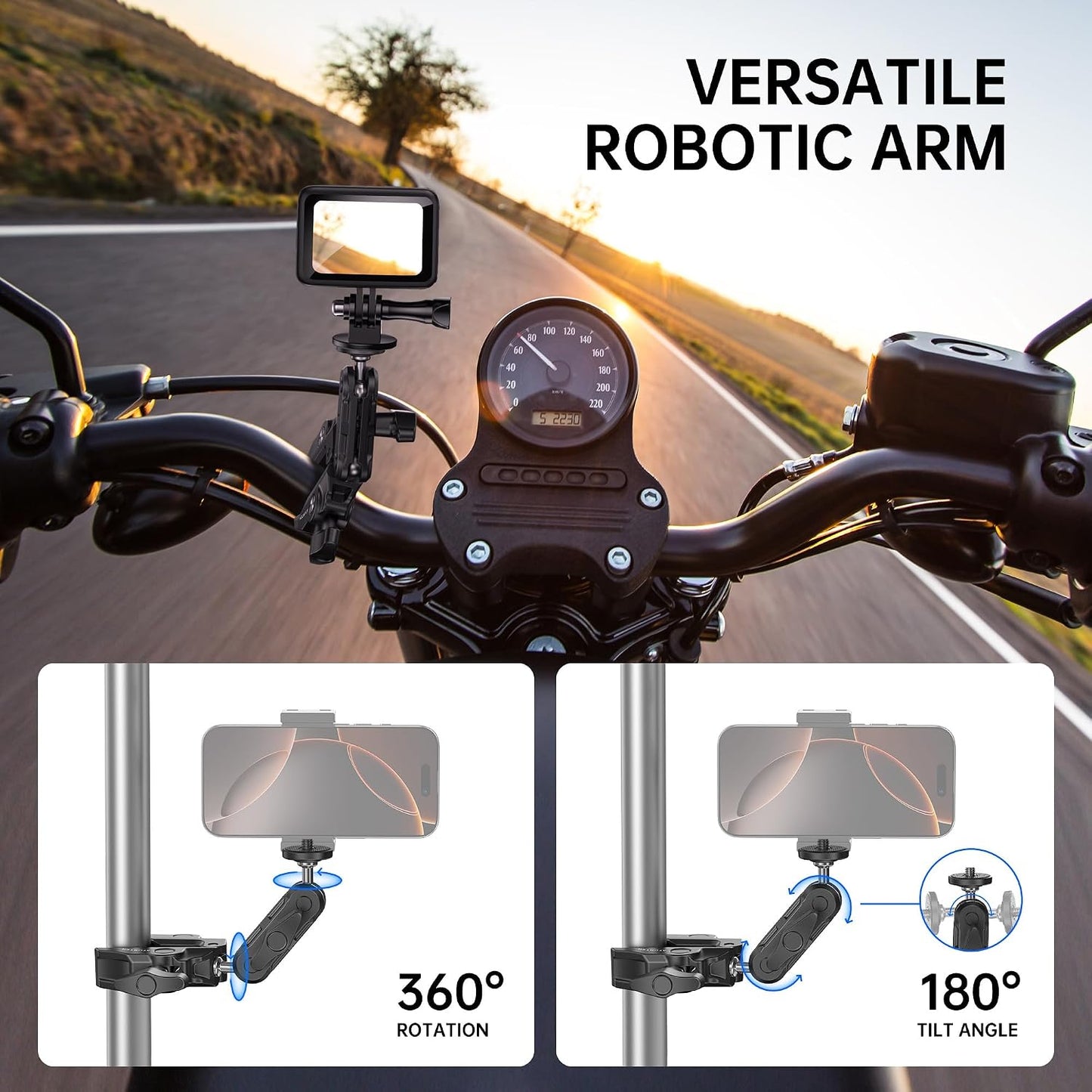 ATUMTEK 1/4" 3/8" 360 GoPro/Insta360/INSTAX/DJI Super Camera Clamp Mount with and Threads, Dual Ballhead Magic Arm Ball