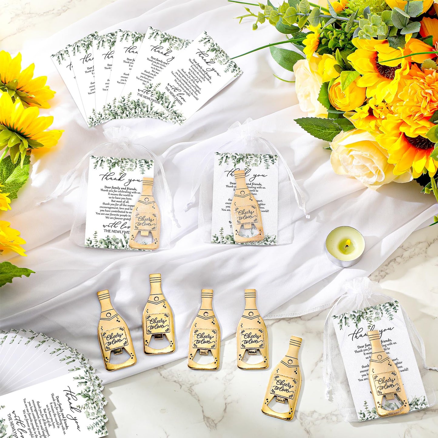 Suclain 50 Sets Wedding Favors for Guests Bulk Wedding Souvenirs Include Cheers to Love Bottle Openers Thank You Cards and Organza Bags Bridal Shower Gifts Decorations