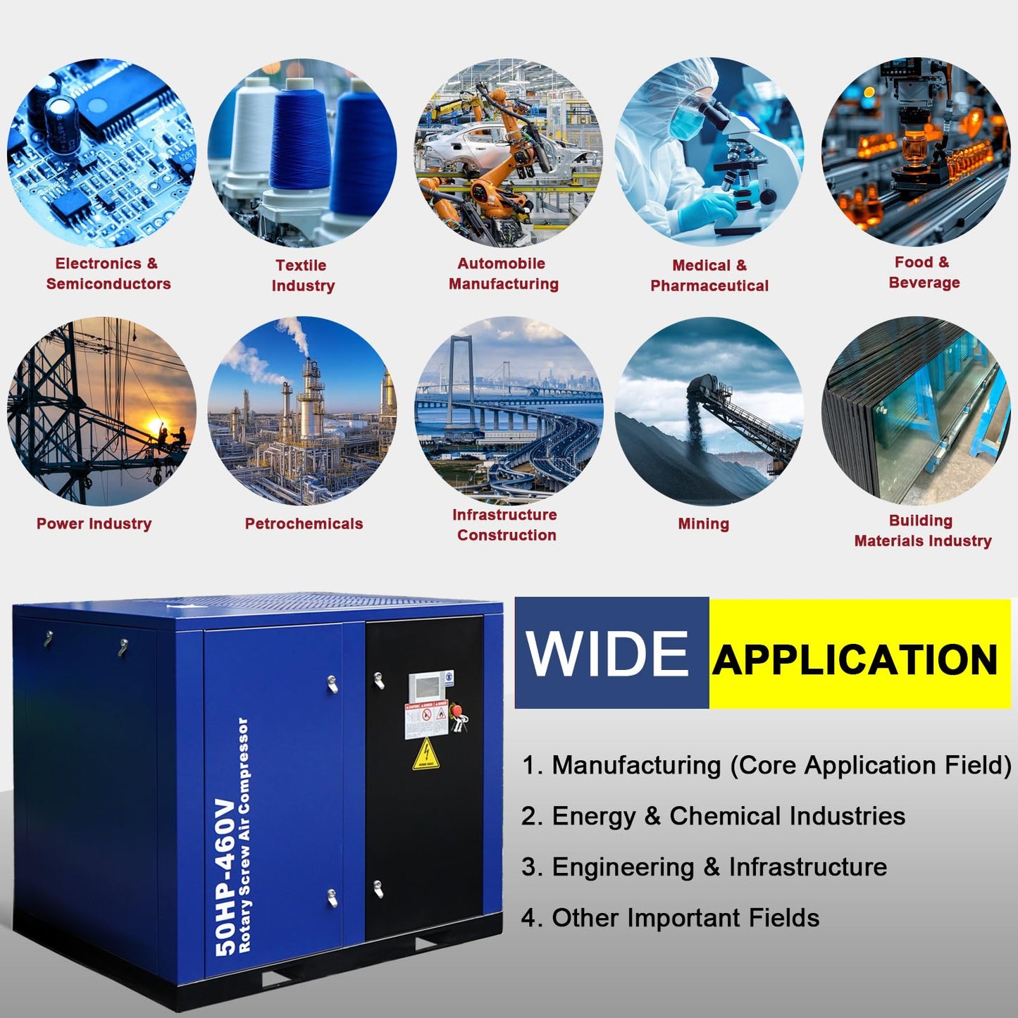 50HP Rotary Screw Air Compressor, 219CFM, 125PSI, 460V 3PHASE 60HZ, Fixed Speed Compressor, Industrial-Grade, Heavy Duty Air Compressed System