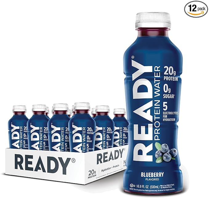 Ready® Protein Water ??20g Whey Protein Isolate, Zero Sugar, Low-Calorie Sports Drink for Hydration & Recovery ??Electrolytes, Essential Amino Acids ??Blueberry, 16.9 fl oz Bottles (12-Pack)