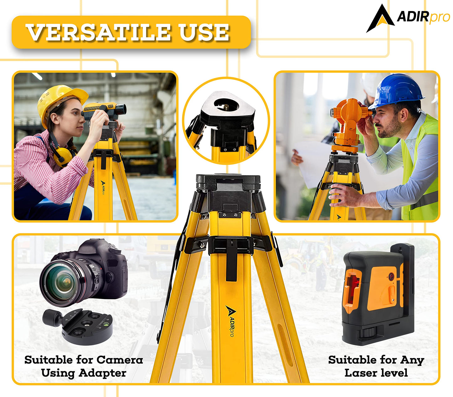 AdirPro Universal Survey Tripod – Wood/Fiberglass Laser Level – Transit Level - Quick Clamp - Heavy Duty Contractor