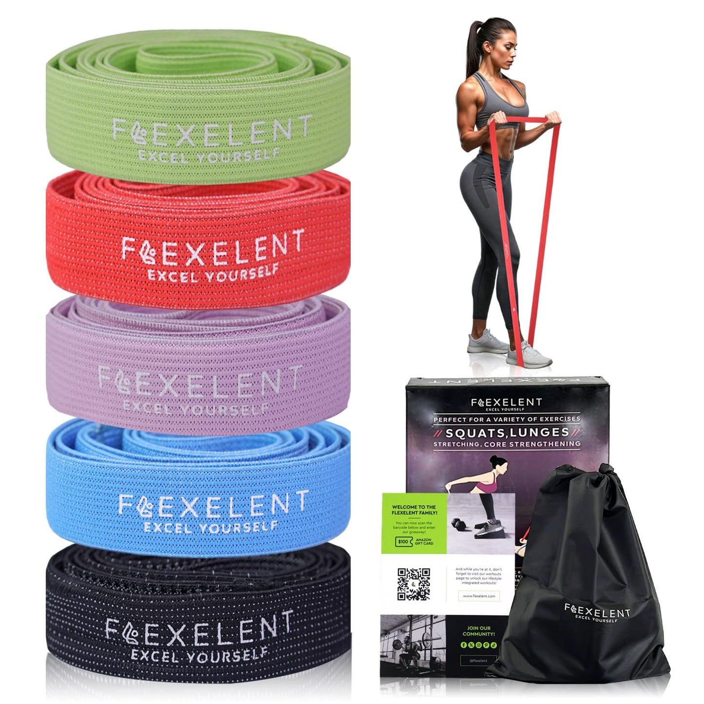 Long Fabric Resistance Bands – 5 Strength Levels from Extra Light to Extra Heavy, Thick Fabric Resistance Bands for Exercise, Legs, Glutes, Hips, Stretching with Storage Bag – Multicolor