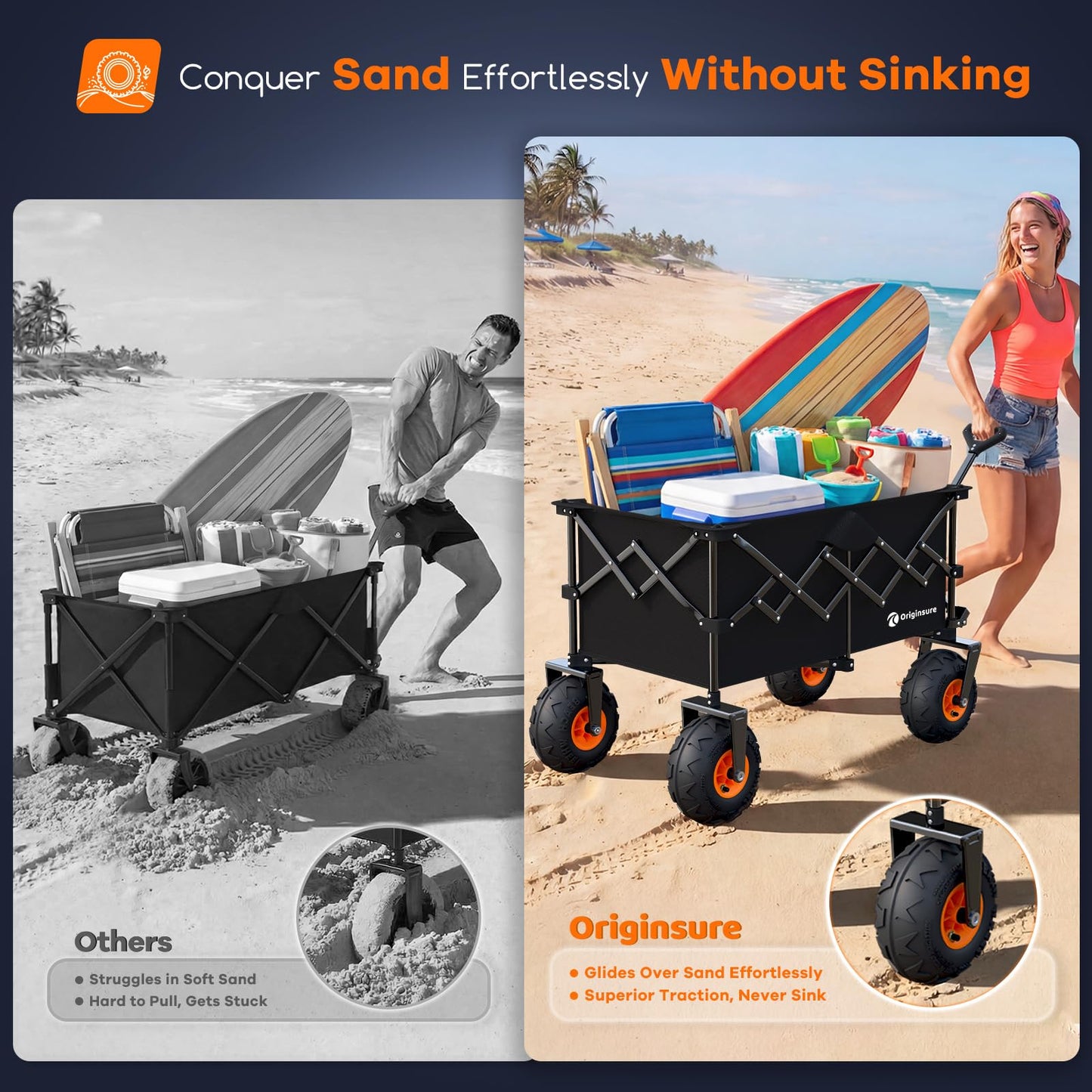 38"L Collapsible Beach Wagon with Big 10" Balloon Wheels for Sand, 460lbs Weight Capacity 220L Wagons Carts Foldable Heavy Duty with All Terrain Tires, Folding Cart for Camping, Grocery, Sport - Black
