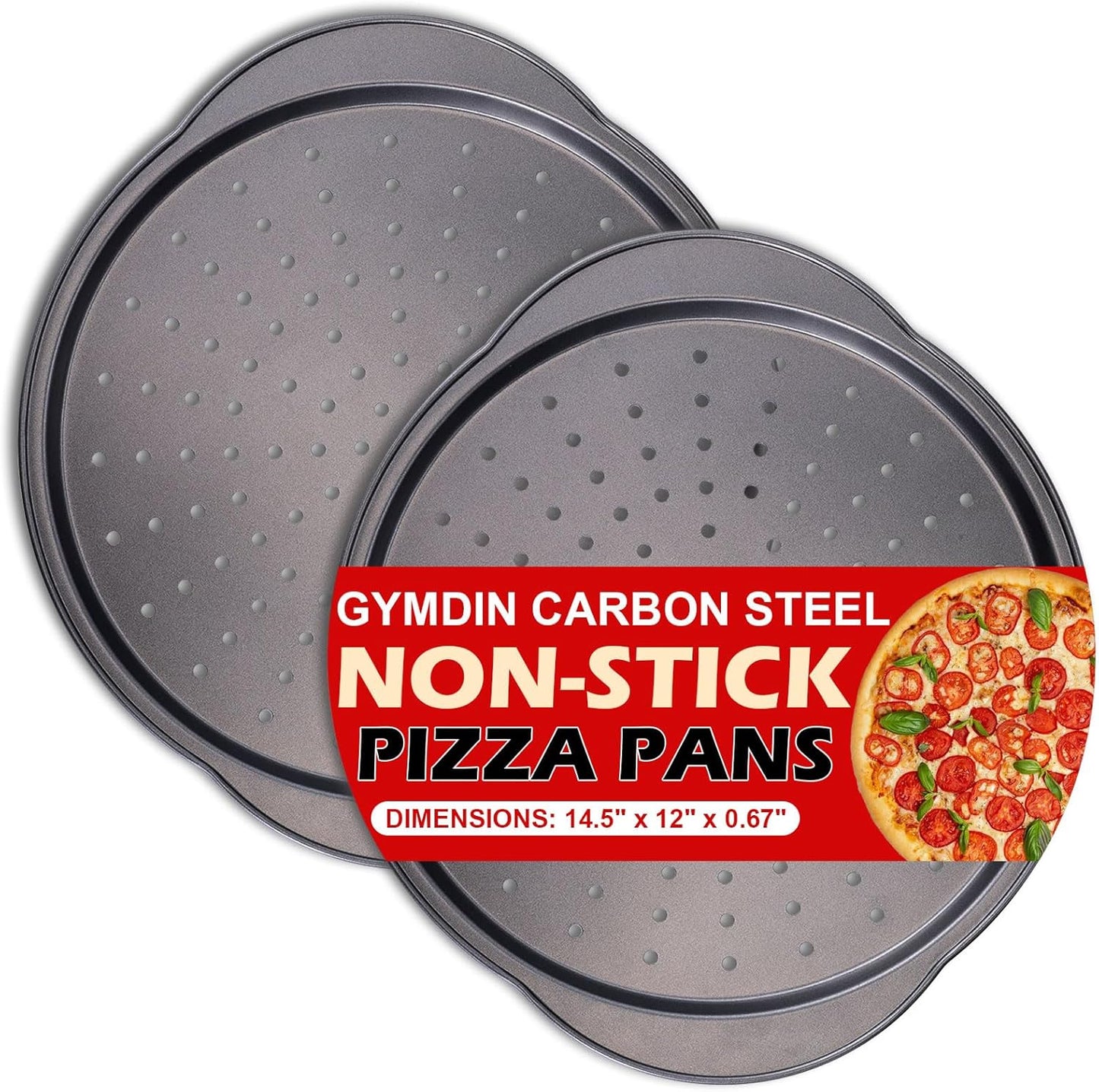 Skiennix Pizza Pan - 13" Round Non-Stick Carbon Steel Trays with Handle | Easy to Clean & Oven Safe (2 Pack)