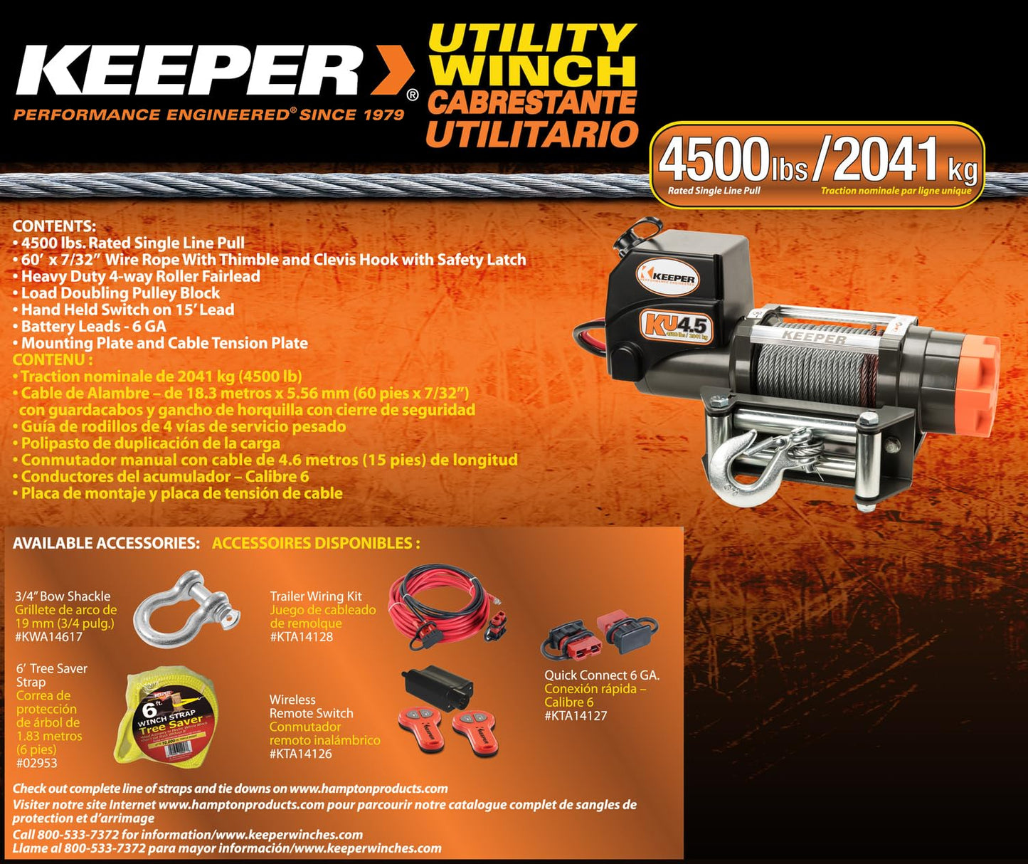 KEEPER KU4.5 12V DC 4500lb Utility Winch, Heavy-Duty Electric Winch with Integrated Sealed Solenoids, Handheld Remote Control, Durable Wire Rope, Weather-Resistant for Trucks, ATVs, and UTVs