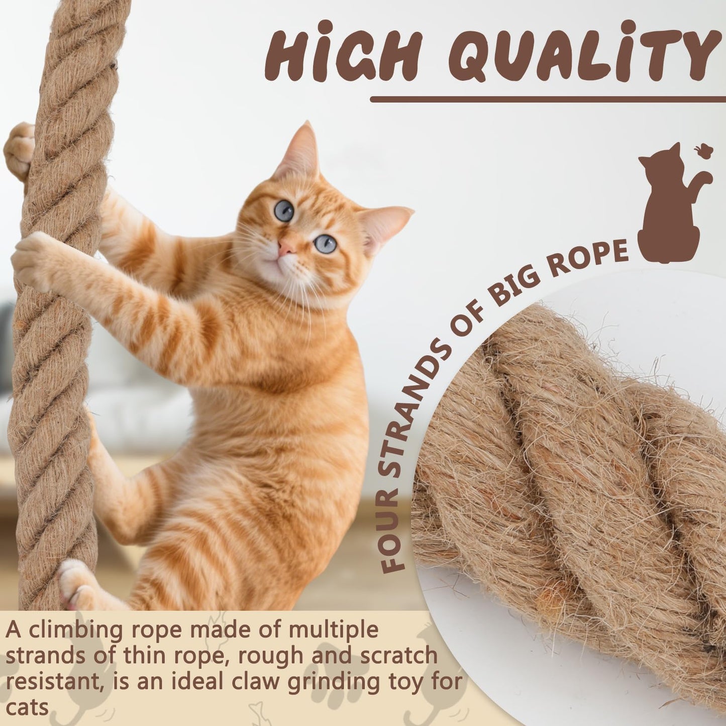 GINDOOR 2" x 9.8Ft Cat Climbing Rope with Hook, Natural Sisal Ropes for Ceiling and Wall Mounted, Durable Space Saving Cat Climbing Jute Rope Toy with Scratching Kitten Rope for Indoor and Outdoor