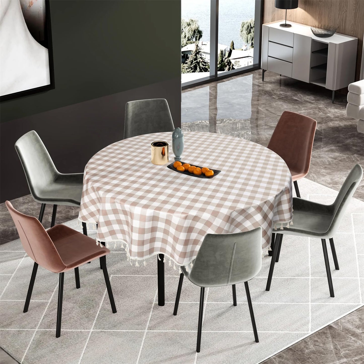 Rakila Polyester Checkered 48 Inch Round Tablecloth with Handmade Tassel Waterproof Wrinkle Free Table Cover for Kitchen Party Outdoor, Khaki Style 1