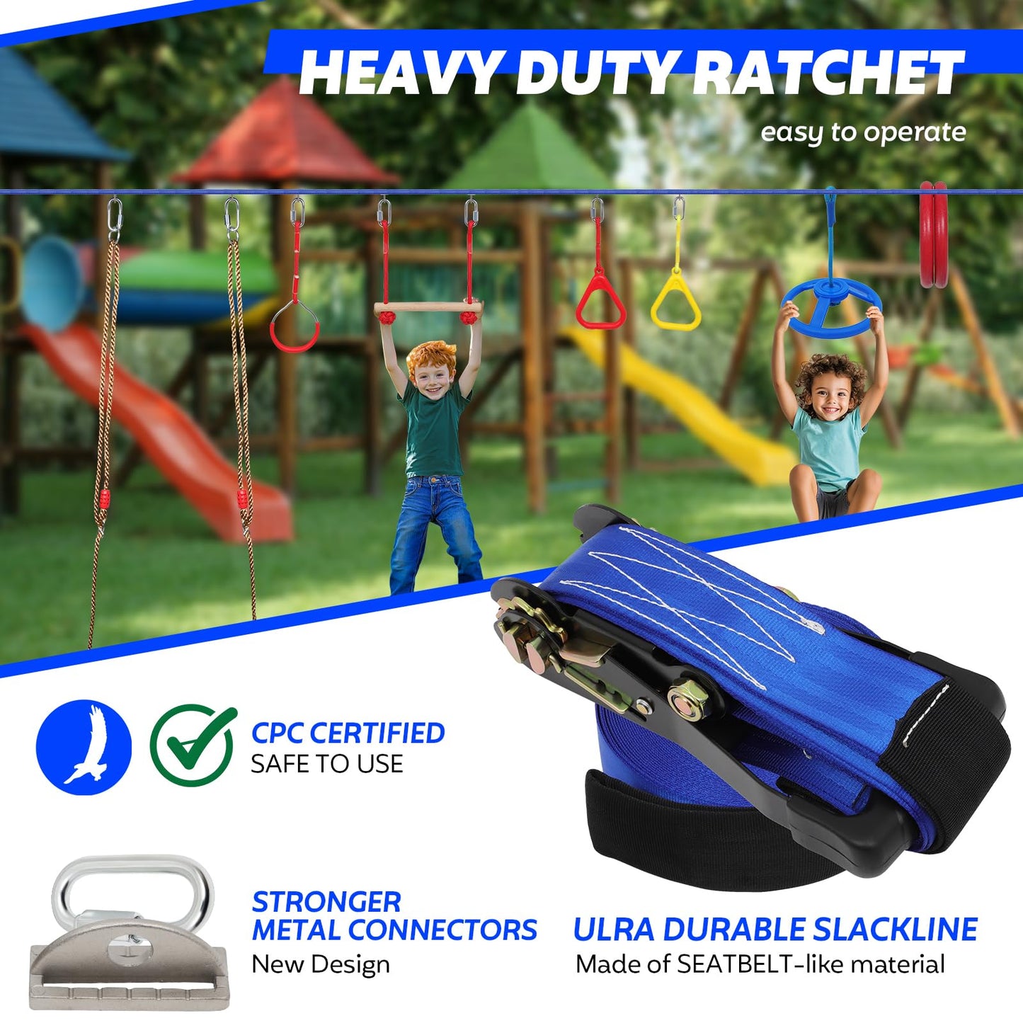 Dollate Ninja Warrior Obstacle Course for Kids - 65 FT, Outdoor Obstacle Course 13 Accessories, Swings, Monkey Bars, Arm Trainers - Suitable for Boys and Girls 3+ - 440 lbs Capacity