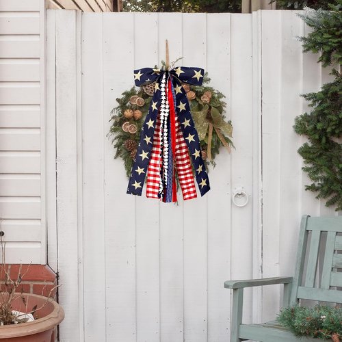 Large Patriotic Star Ribbon Bow - Red White Buffalo Plaid Fabric Ribbons Set for 4th of July Decor