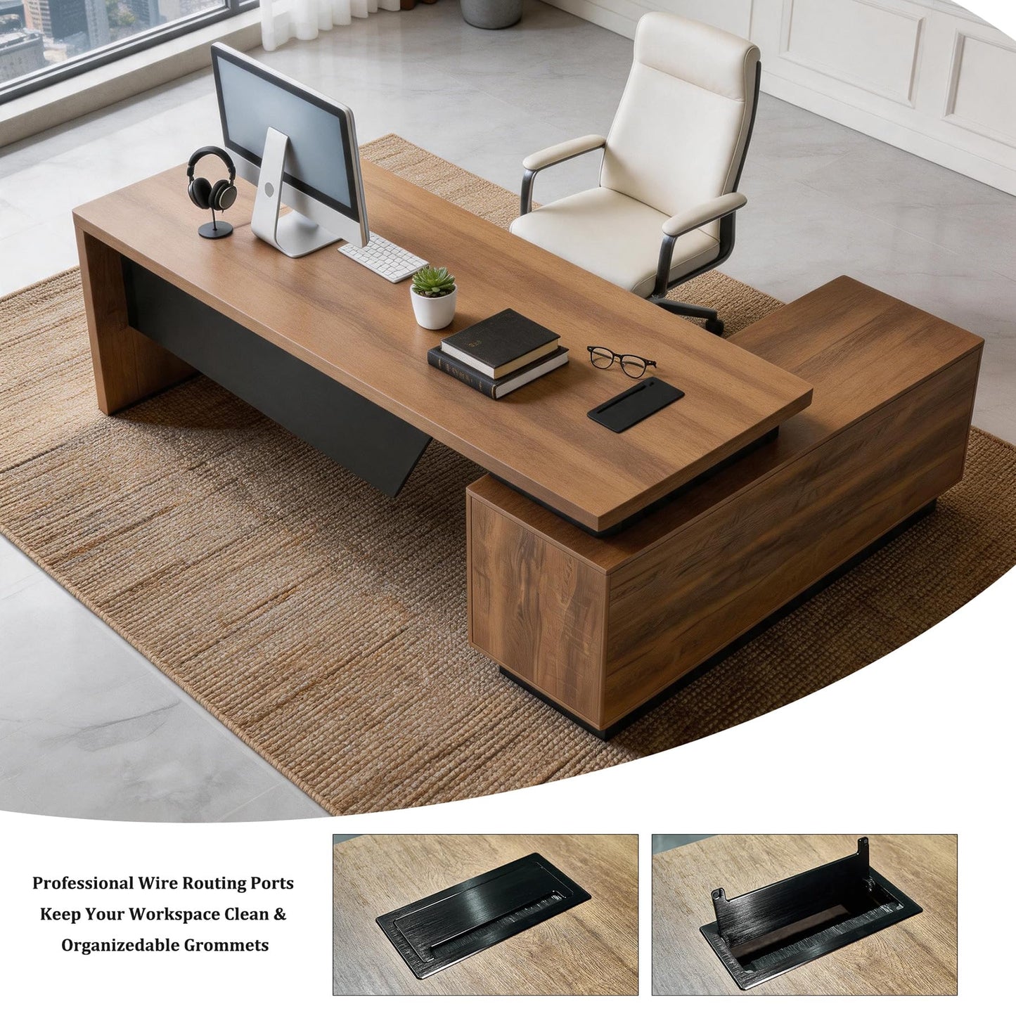 SAINTCY Retractable L-Shaped Executive Desk, Commercial-Grade Office Desk with Reversible Storage Cabinet, Built-in Power Hub, Modern Executive Desk for Home & Business Office