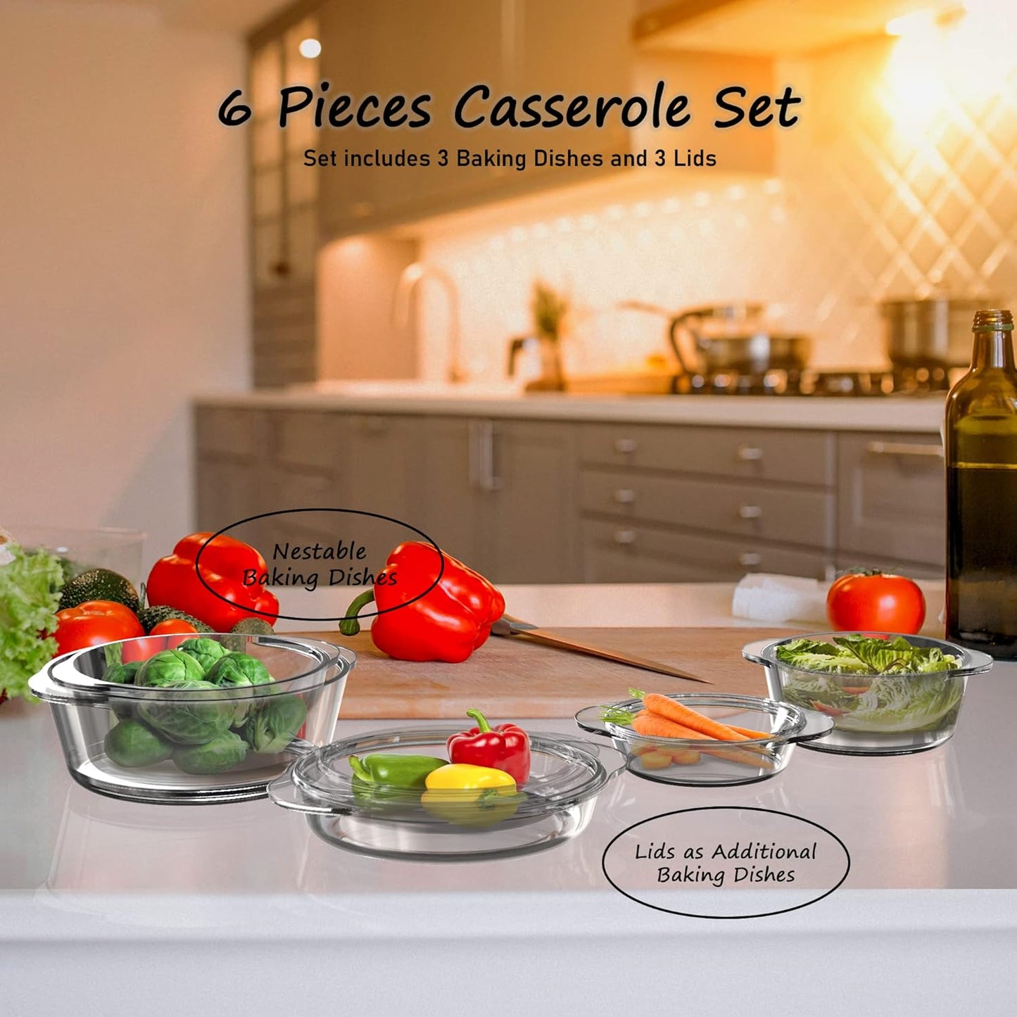 Ums Glass Casserole Set - 6-Piece Borosilicate Bakeware with Lids | Oven & Microwave Safe