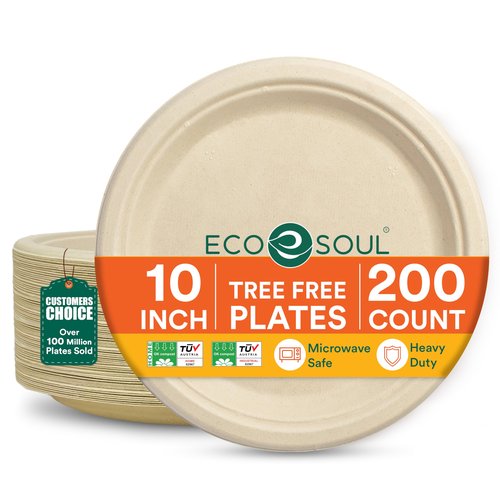 ECO SOUL Compostable Paper Plates 10 Inch, 200 Pack – Heavy Duty Disposable Paper Plates, Biodegradable Sugarcane Bagasse, Durable & Microwave Safe, Unbleached Round Dinner Plates for Party, Picnic