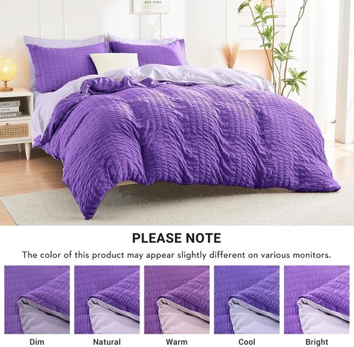 HYMOKEGE Queen Comforter Set - Dark Purple & Lavender Seersucker | 7-Piece All-Season Luxury Bedding Set