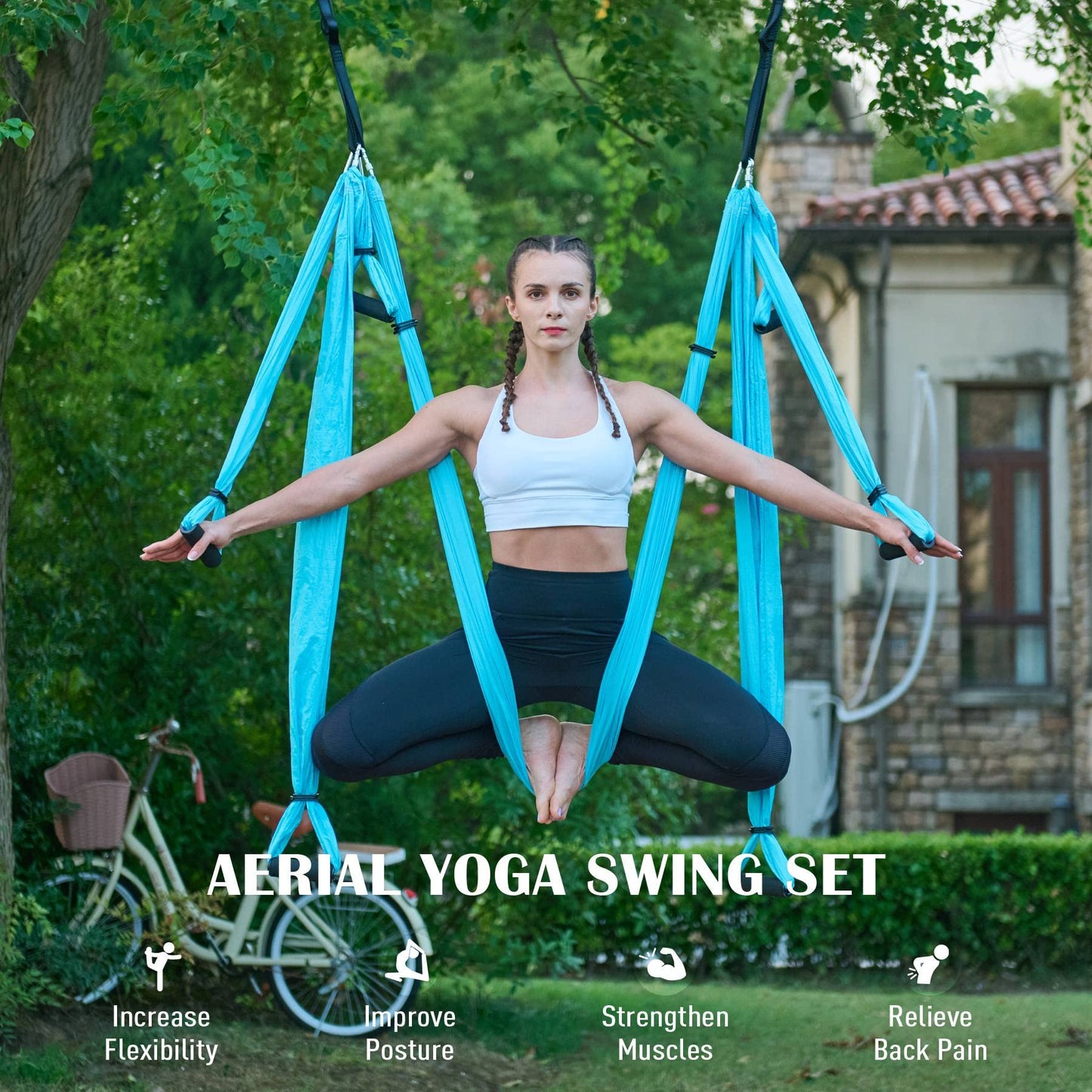 ZELUS Aerial Yoga Swing Sling Strong Yoga Hammock Kit Set Trapeze Inversion Equipment Include 2 Extensions Straps and Ceiling Mounting Kit (Blue)