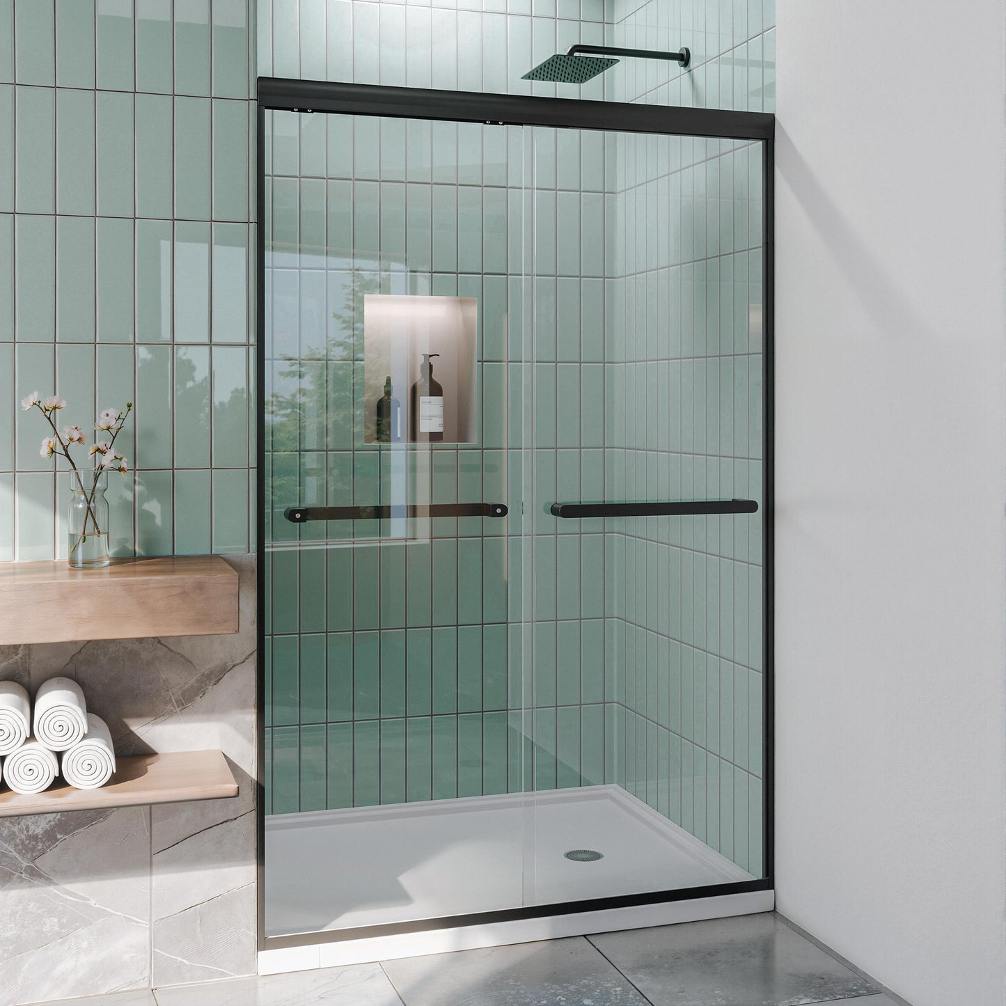 Kullavik Shower Door 44-48'' W x 72'' H Semi-Frameless Bypasss Bathroom Glass Shower Double Sliding Doors,1/4'' (6mm) Clear SGCC Tempered Glass with Explosion-Proof Film,Black