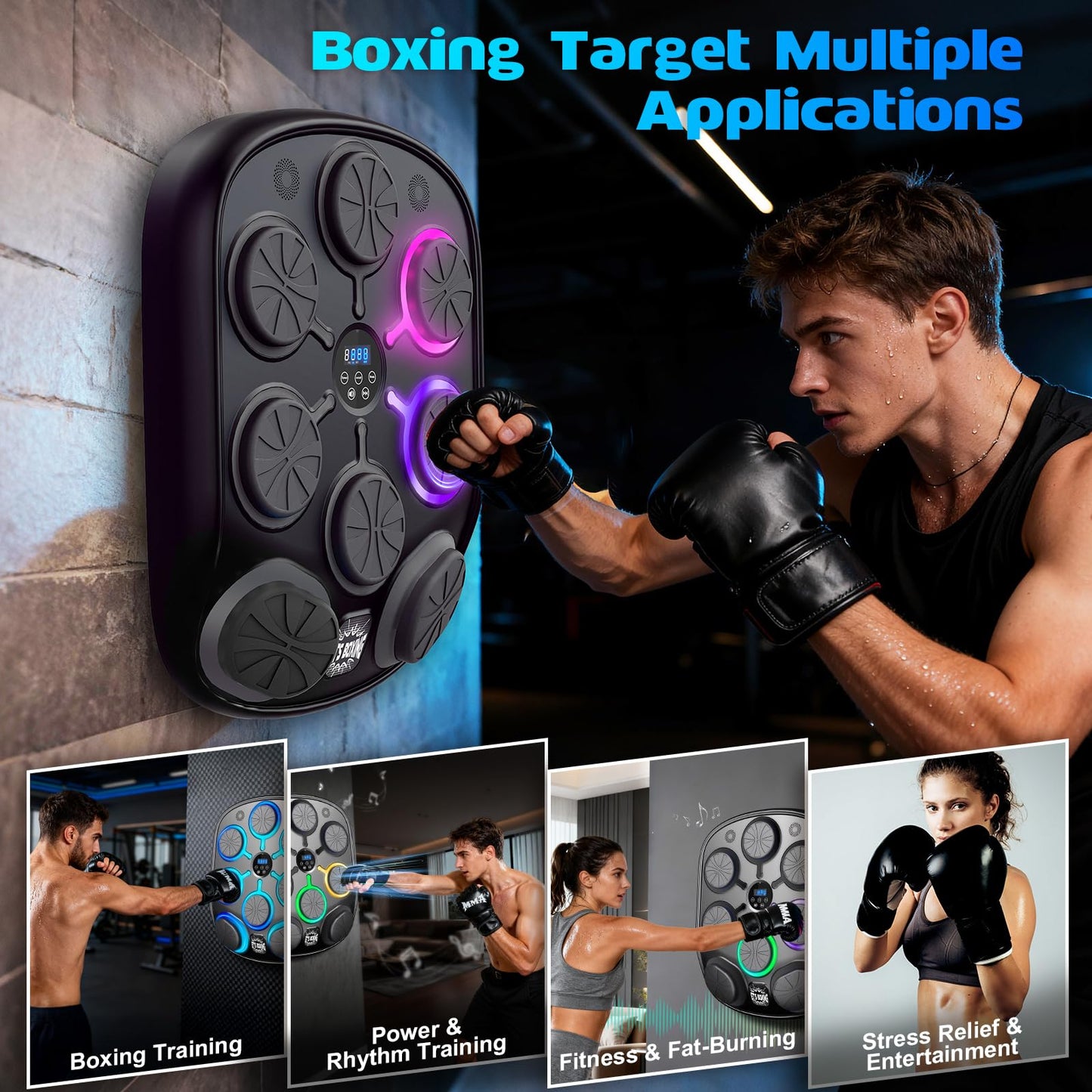 Music Boxing Machine, Bluetooth Smart Music Punching Machine for Adults, 8-Target Wall-Mounted Workout/Training Equipment with Boxing Gloves, Suitable for Home Gym Office Indoor Exercise