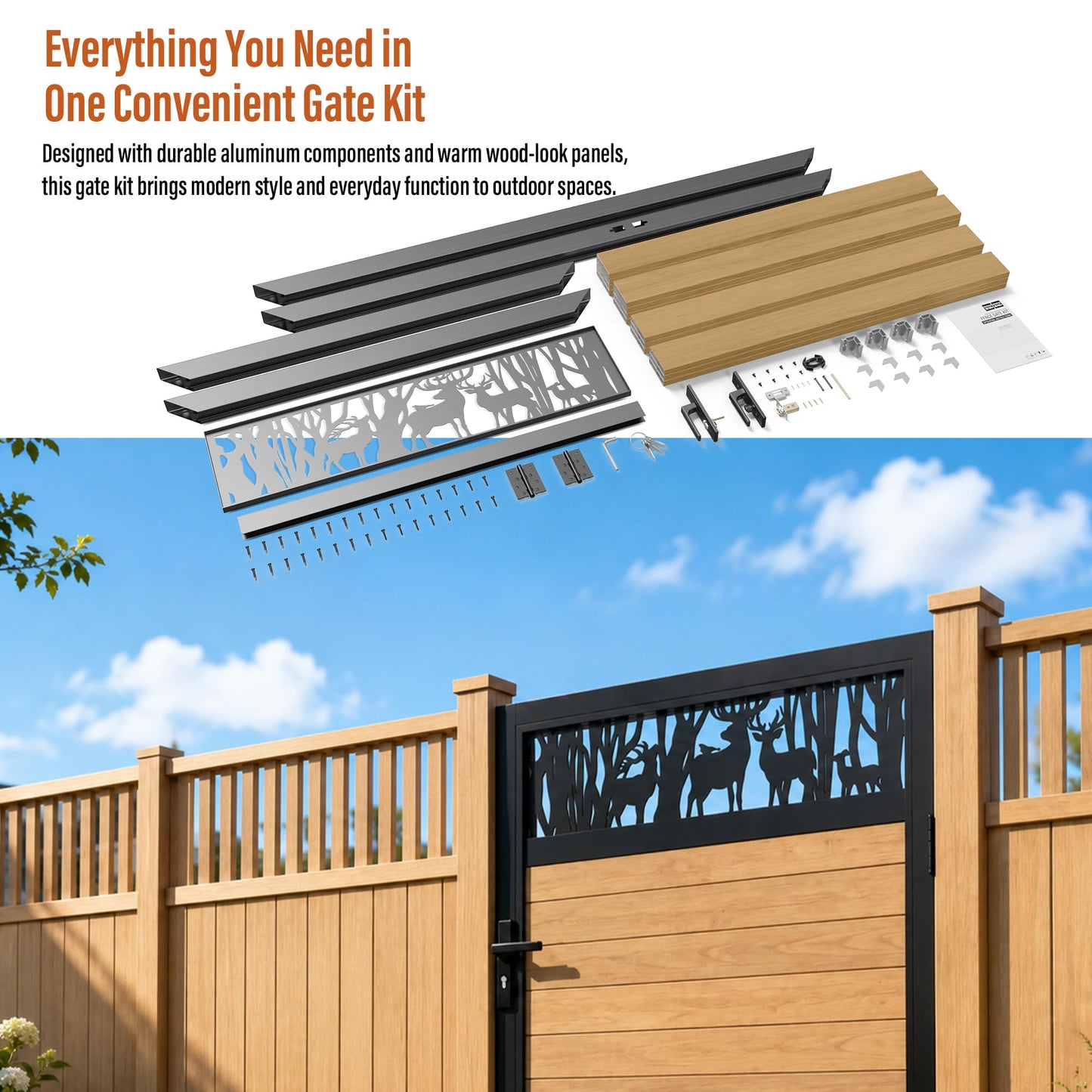 TORMIZ 4x6 FT (46.8"x70.8") All-Aluminum Fence Gate Kit with Wood-Grain Panels – Heavy Duty Anti-Sag Metal Gate Frame, Pre-Installed Left/Right Mount (All-in-One Kit, Panels Included)