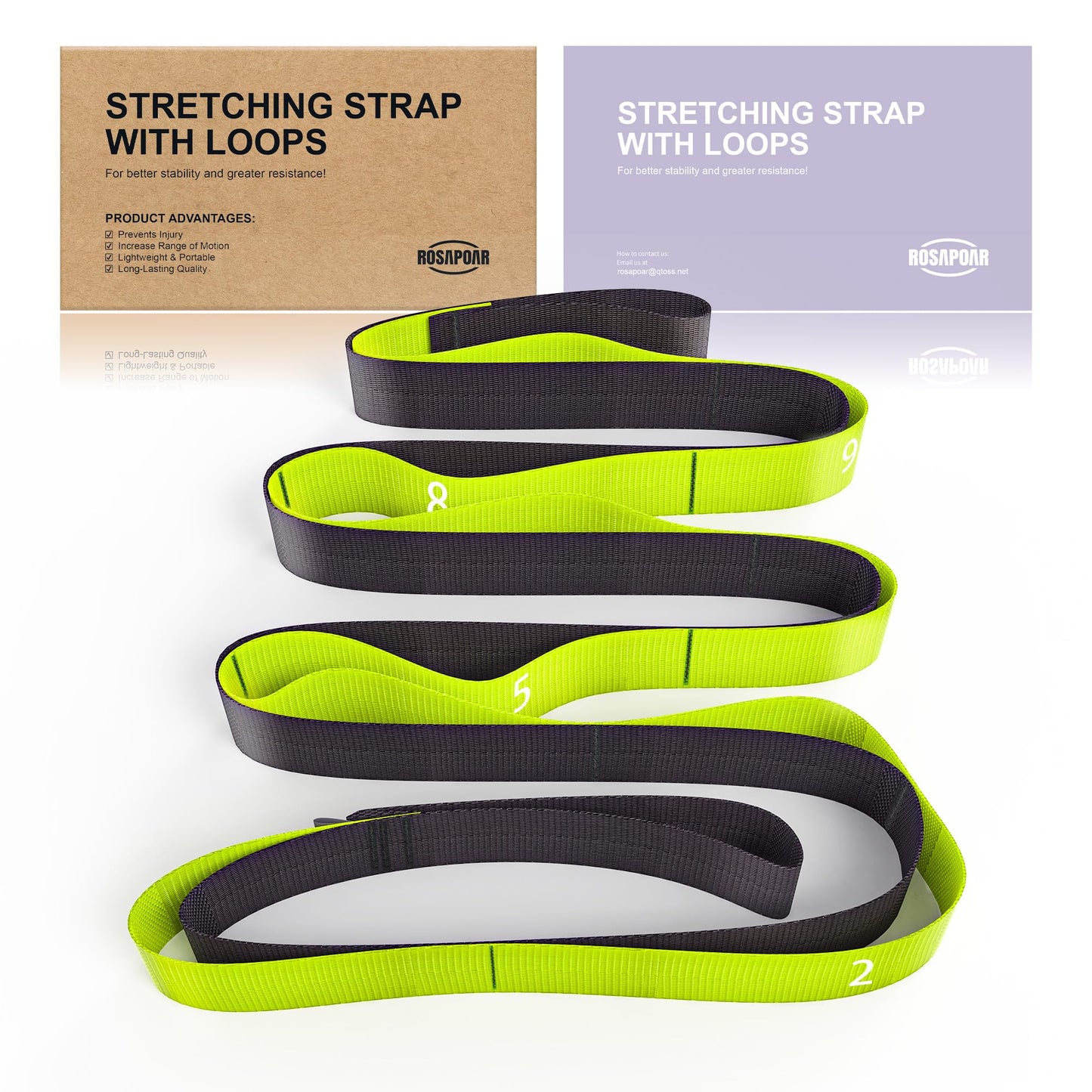 Non Elastic Stretching Strap with Loops - Yoga Straps for Physical Therapy, Durable Stretch Bands for Exercise, Flexibility Training, Hamstring & Leg Stretcher, Yoga/Pilates/Gymnastics - Green