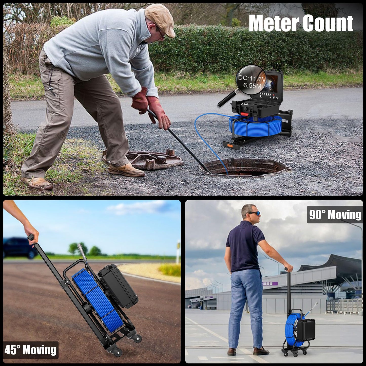 Sewer Camera Self Leveling 9'' with 512Hz Sonde & Meter Counter, 100ft Drain Inspection Camera w/ 7MM Cable, 12 LEDs, 23MM 1080P Self Leveling Probe, Waterproof 32GB DVR Pipe Endoscope for Plumbing