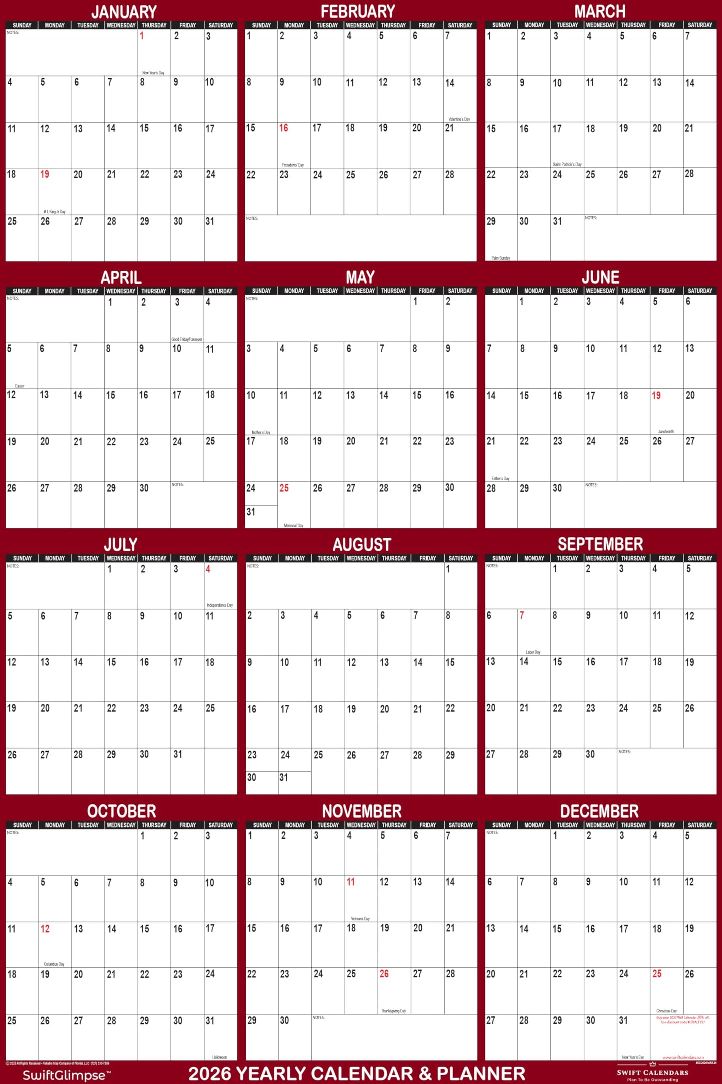 24" x 36" SwiftGlimpse 2026 Wall Calendar Erasable Large Wet & Dry Erase Laminated 12 Month Annual Yearly Wall Planner, Reversible, Horizontal/Vertical, Maroon