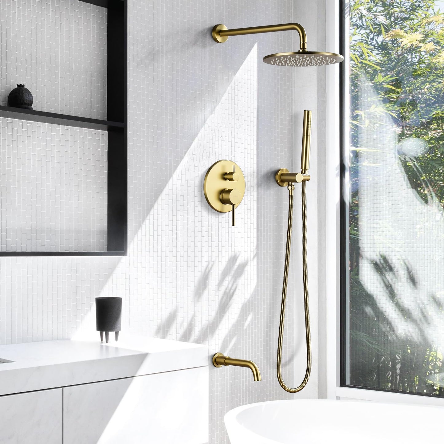 Tomfaucet Shower System with Tub Spout, 3 Functions 10" Round Wall Mounted Rain Shower System, High-Pressure Rain Shower Head with 2 Modes Handheld Spray, Brushed Gold Shower Systems