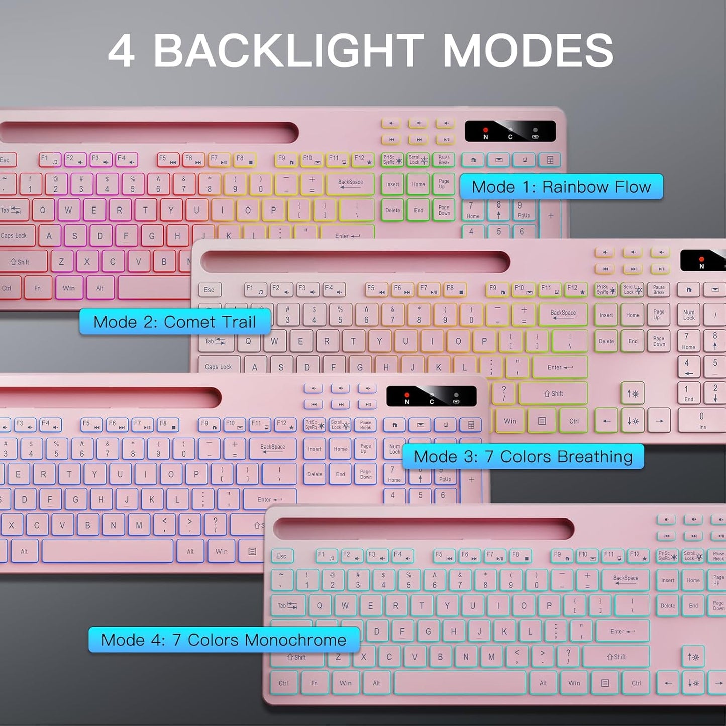 Soueto 7-Color 2.4G Wireless Keyboard with RGB Backlit, Full-Size Computer Keyboard with Phone Tablet Holder