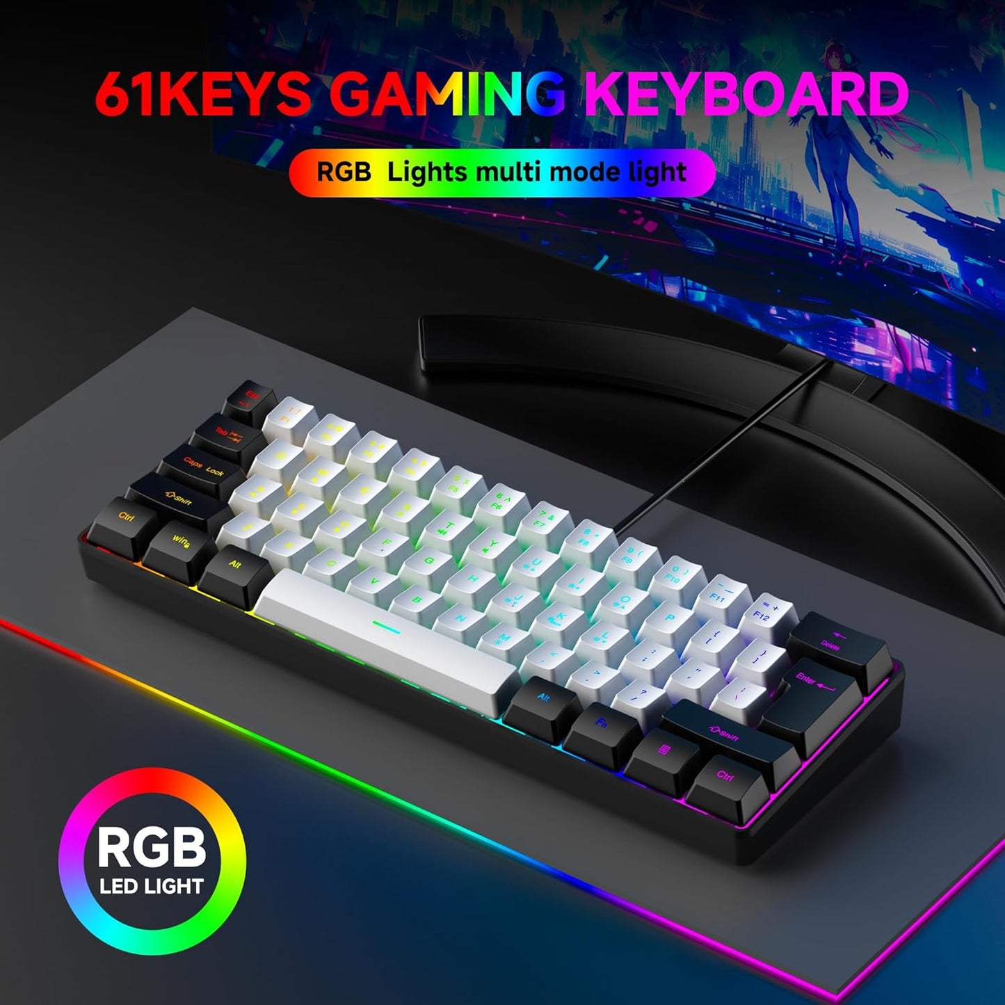 REBOCOON 61-Key 60% 8-Color 10/8/7) Compact RGB Gaming Keyboard Layout, Ergonomic Membrane Keys, Backlight, Plug & Play