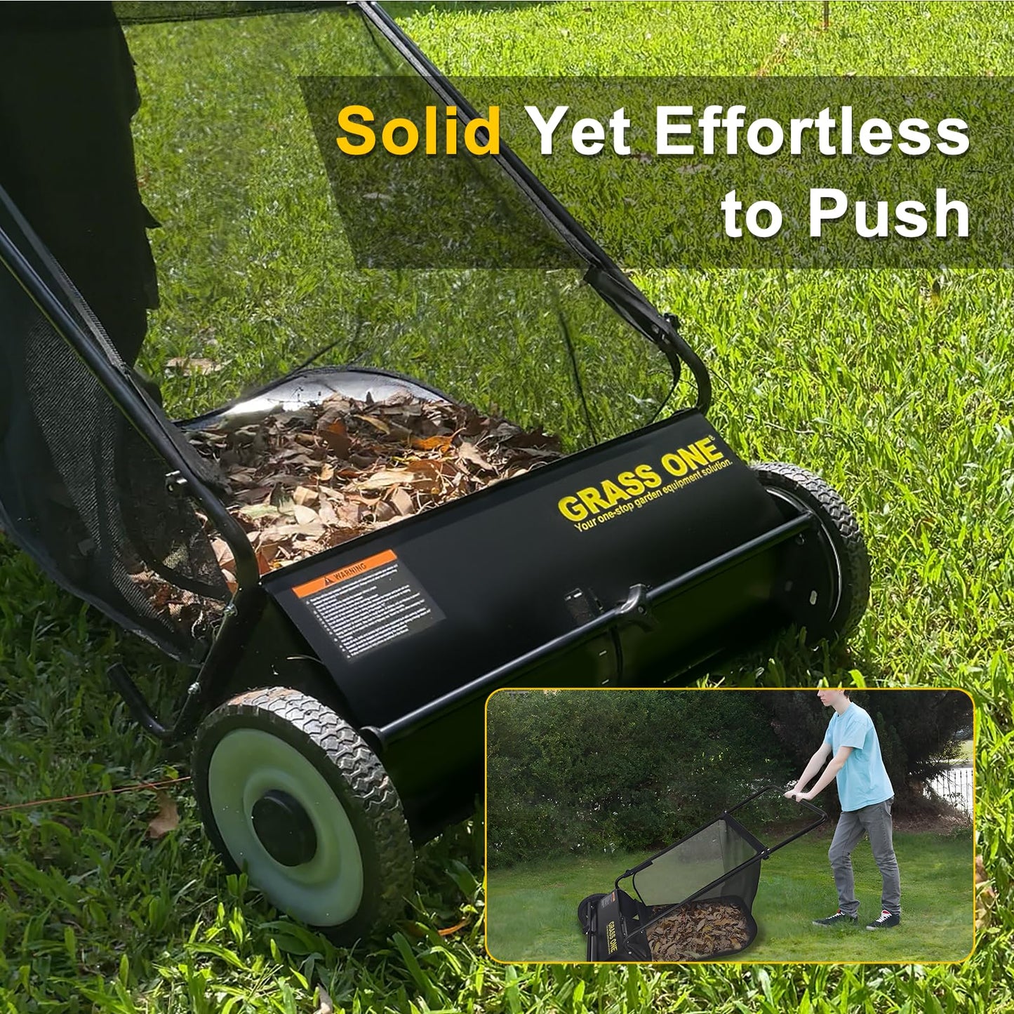 Grass One 26 Inch Push Lawn Sweeper, Leaf and Grass Collector with 7 Cu.Ft Mesh Bag, 4 Spinning PP Brushes, Durable Steel Construction, Adjustable Height & Rubber Tires for Yard Cleanup