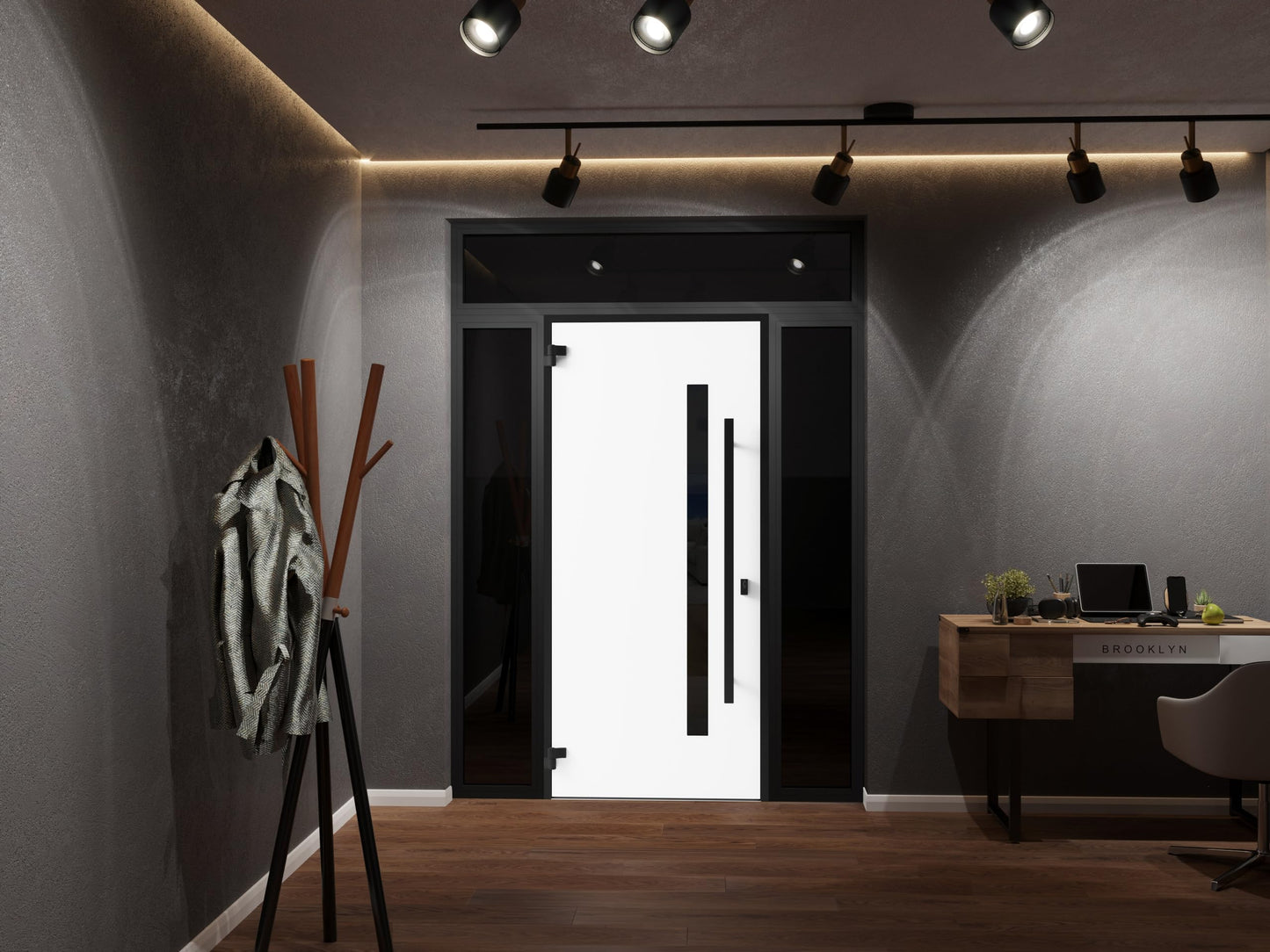 VDOMDOORS Front Exterior Prehung Steel Door/Ronex 0144 Grey / 2 Side and Top Exterior Window Sidelite/Entry Metal Modern Painted W12+36+12" x H80+16" Right Hand Inswing
