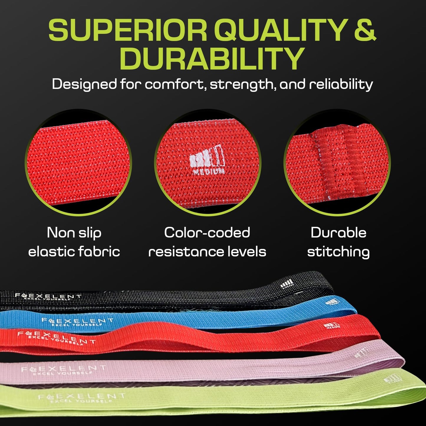 Long Fabric Resistance Bands – 5 Strength Levels from Extra Light to Extra Heavy, Thick Fabric Resistance Bands for Exercise, Legs, Glutes, Hips, Stretching with Storage Bag – Multicolor