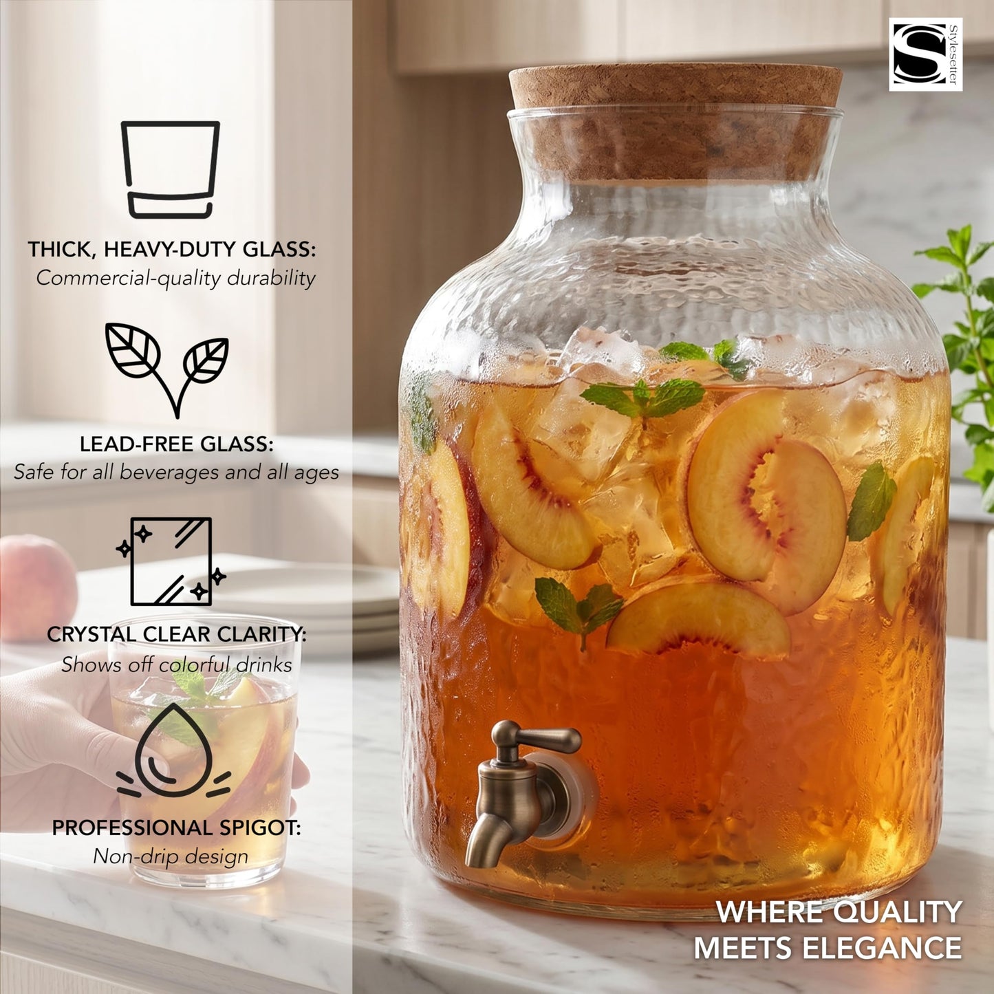 Style Setter Beverage Dispenser Cold Drink Dispenser w/ 2.7 Gallon Capacity Glass Jug, Cork Lid & Leak-Proof Acrylic Spigot, Great for Parties, Weddings & More