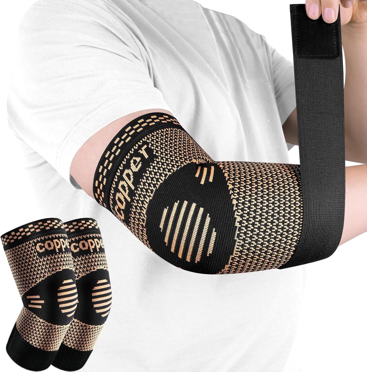 Copper Elbow Sleeve,Elbow Compression Sleeve, Elbow Brace For Tendonitis and Tennis Elbow,Golfers, Arthritis, Bursitis. Elbow Pain Relief,Weightlifting, Fit for Men & Women (Medium, Strap Style)