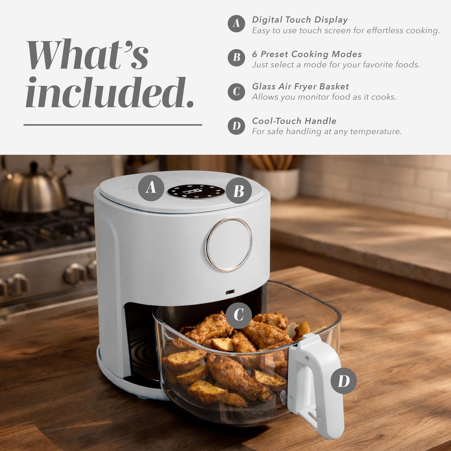 COOK WITH COLOR Colorful 1200W 4Qt Air Fryer: Glass Basket, Dishwasher Safe, 60min Timer, 6 Presets, Temp Control 175F-400F, 4 QT, Linen White