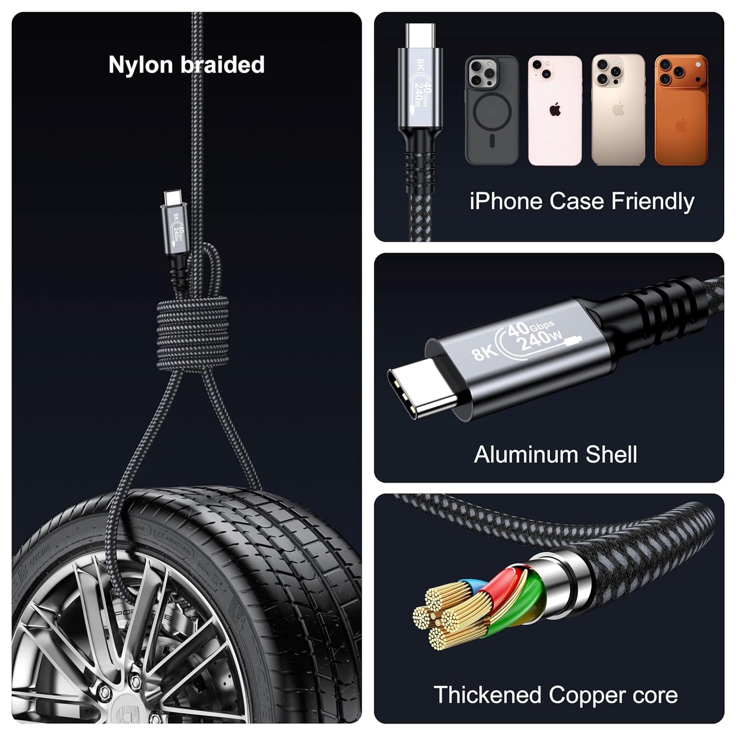 4 6.6FT 2-Pack, 40Gbps 240W 4/3, 8K@60Hz 17/16/15, USB Cable USB C Data Cable for Thunderbolt USB-C Video Fast Charging