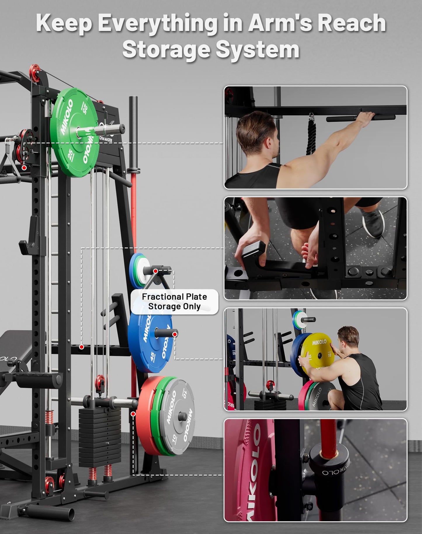 Mikolo Smith Machine with Weight Stack, 2200lbs Squat Rack with LAT-Pull Down System & Cable Crossover Machine, Multi-Function Power Cage, Black