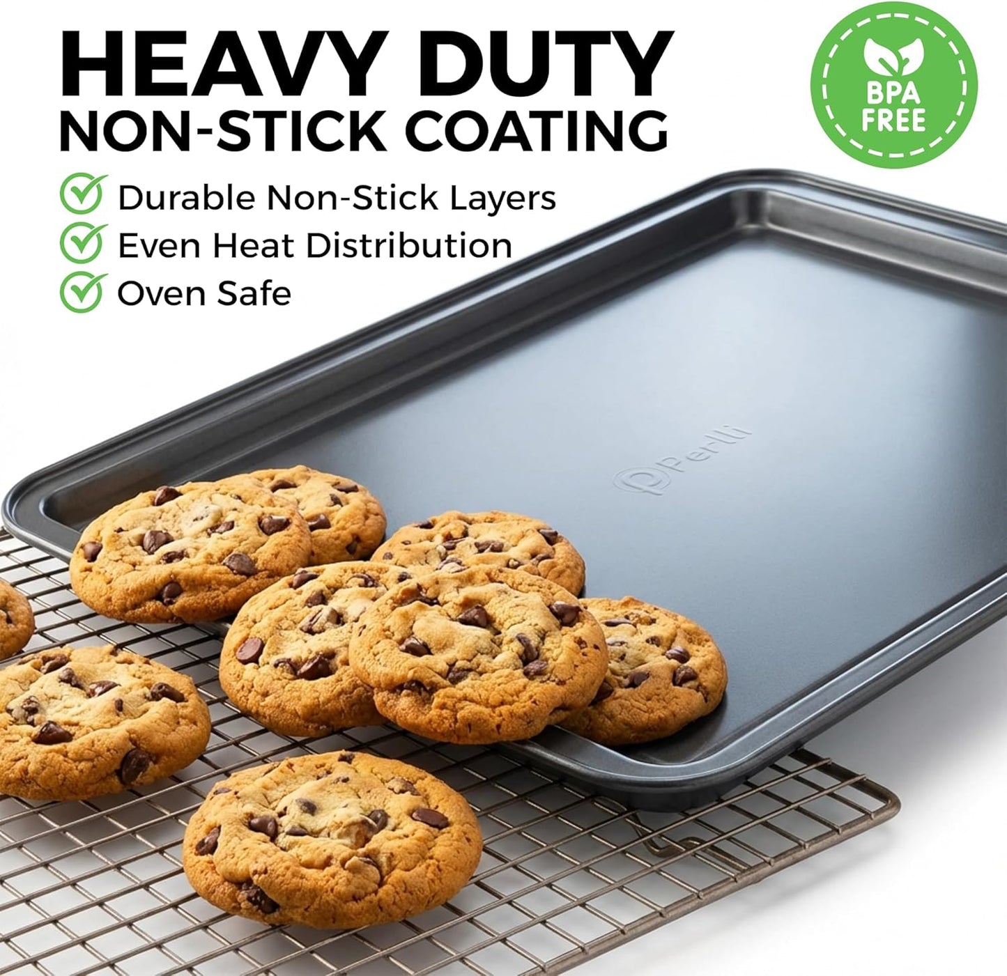PERLLI Non-Stick Baking Pan Set - 3-Piece Carbon Steel for Even Heat Distribution | Oven Safe to 446°F, BPA-Free, Dishwasher Safe - Gray
