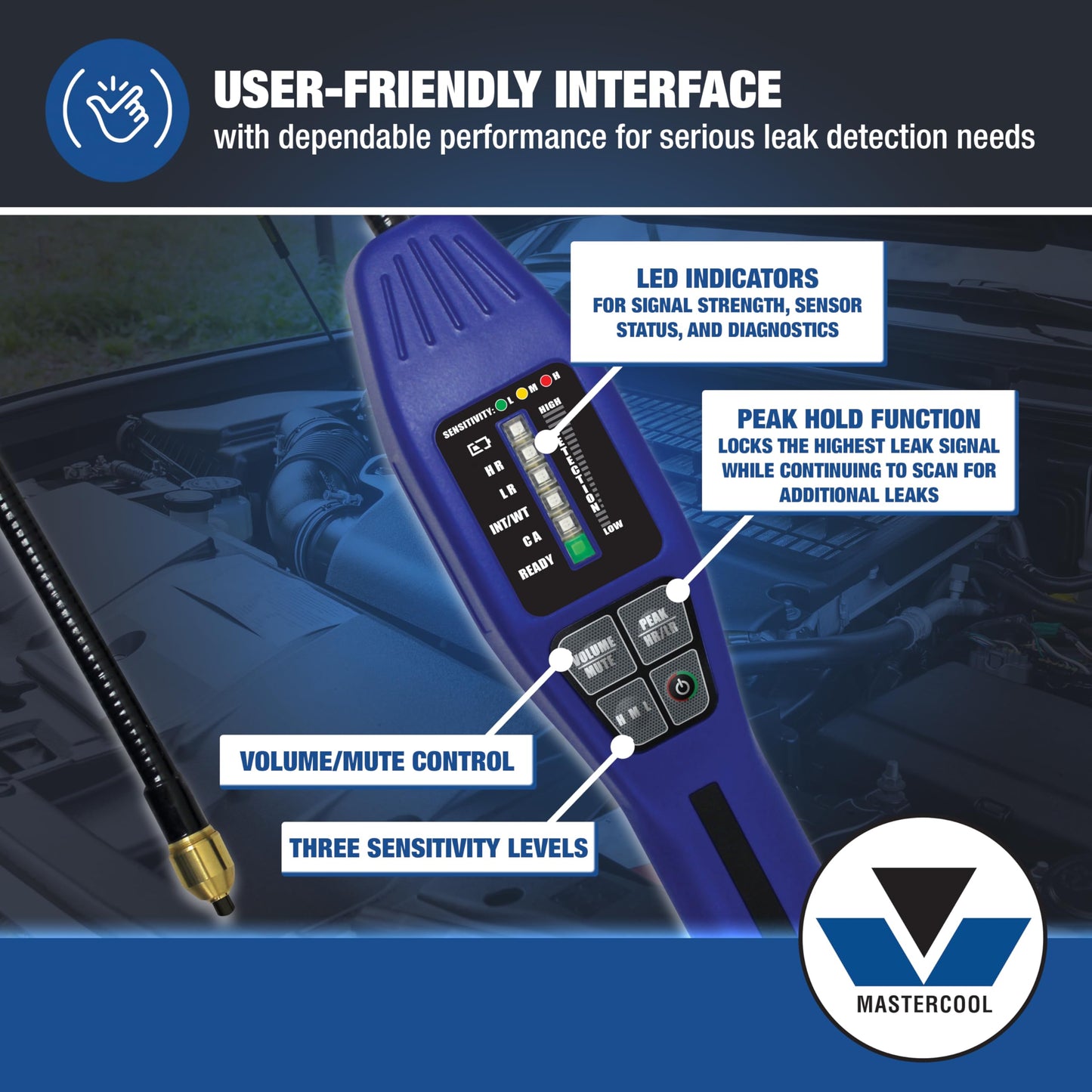 Mastercool 55900 Intellasense II Refrigerant Leak Detector – Heated Tin Oxide Sensor, Super Sensitive Mode, Certified for R134a and R1234yf, Compact Design with LED Display and Leak Vial