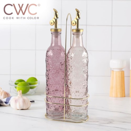 COOK WITH COLOR Glass Olive Oil Bottle Dispenser - 17oz Oil and Vinegar Cruet Set - Floral Pink Carafe for Kitchen