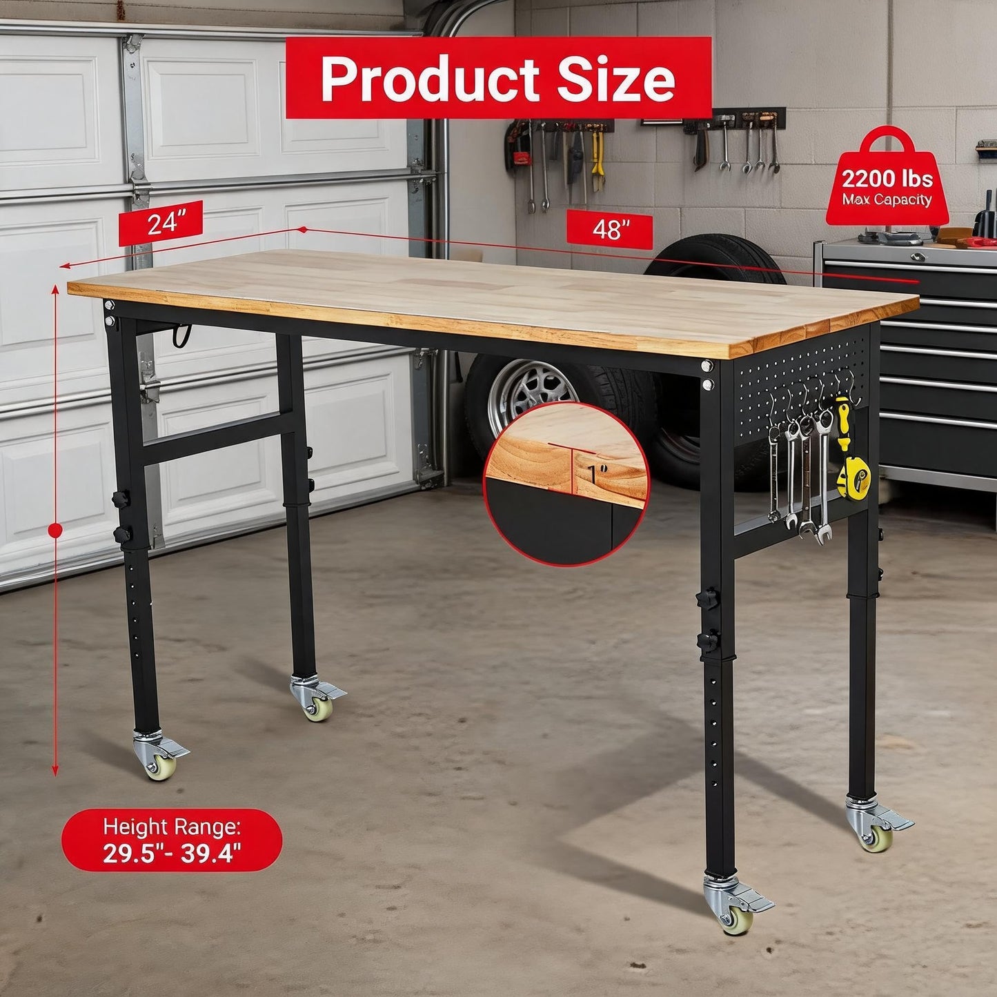 GarveeTech 48" Adjustable Workbench with Power Outlet, 2200 LBS Work Table with Pegboard and 6 Hooks, 8 Adjustable Height Workstation for Garage, Office, Home