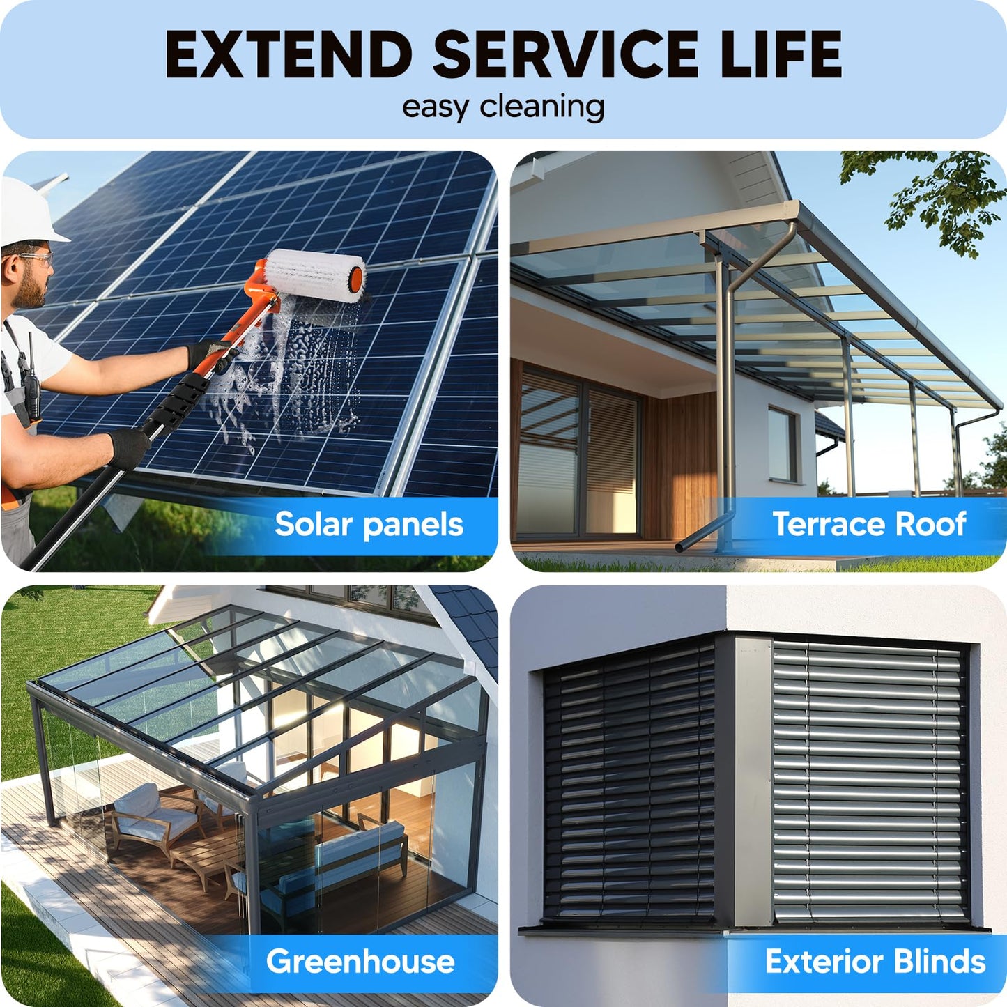 Electric Solar Panel Cleaning Brush and Pole, 20FT Telescopic Cleaning Roller Brush with Water Fed Pole，2 Hours Runtime, 2 Spin Speeds, for Solar Panlel, Outside High Window, Roof (Orange)
