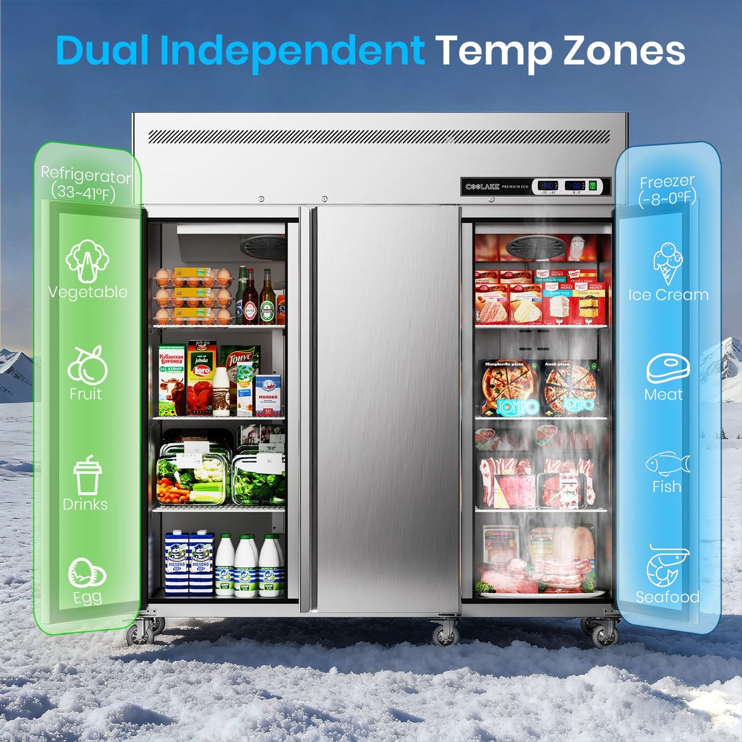 Coolake Commercial Freezer Refrigerator Combo, 72” W 54 Cu.ft Upright Freezer, 3 Door Stainless Steel, Air-Cooled System Reach in Freezer for Restaurant, Bar, Kitchen, Garage, School, Church
