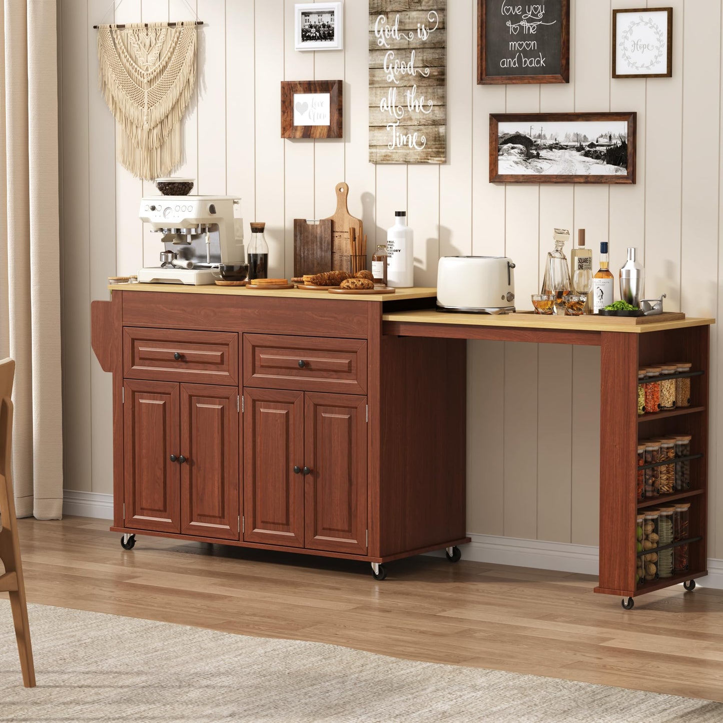 80"-48" Extendable Kitchen Island with Extended Dining Table and Power Outlet,Large Mobile Kitchen Storage Islands with 2 Storage Drawers,Rolling Islands Cart with 3 Extra Rows Open Shelves(Brown)